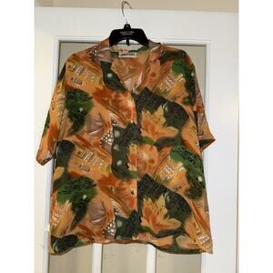 Yves St Clair Women’s Hawaiian Orange Green Blouse Buttoned Travel Vacation 14